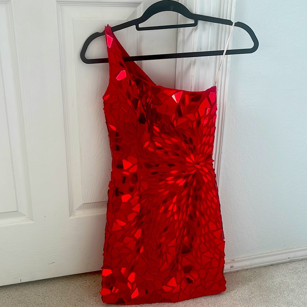 Sherri Hill Red Cut Glass Off the Shoulder Homecoming Dress